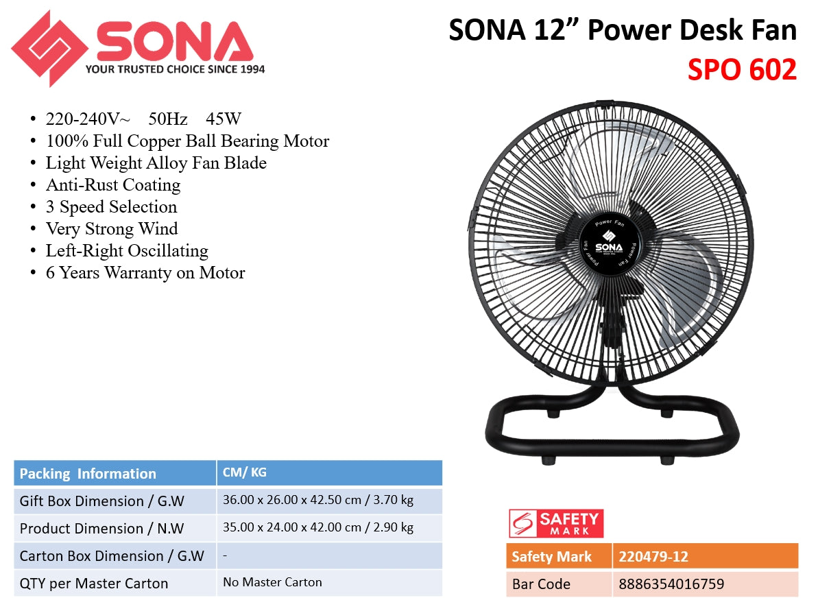 Sona SPO 602 | SPO602 Electric Power Desk Fan 12 Inch (Replace SOF 6051)