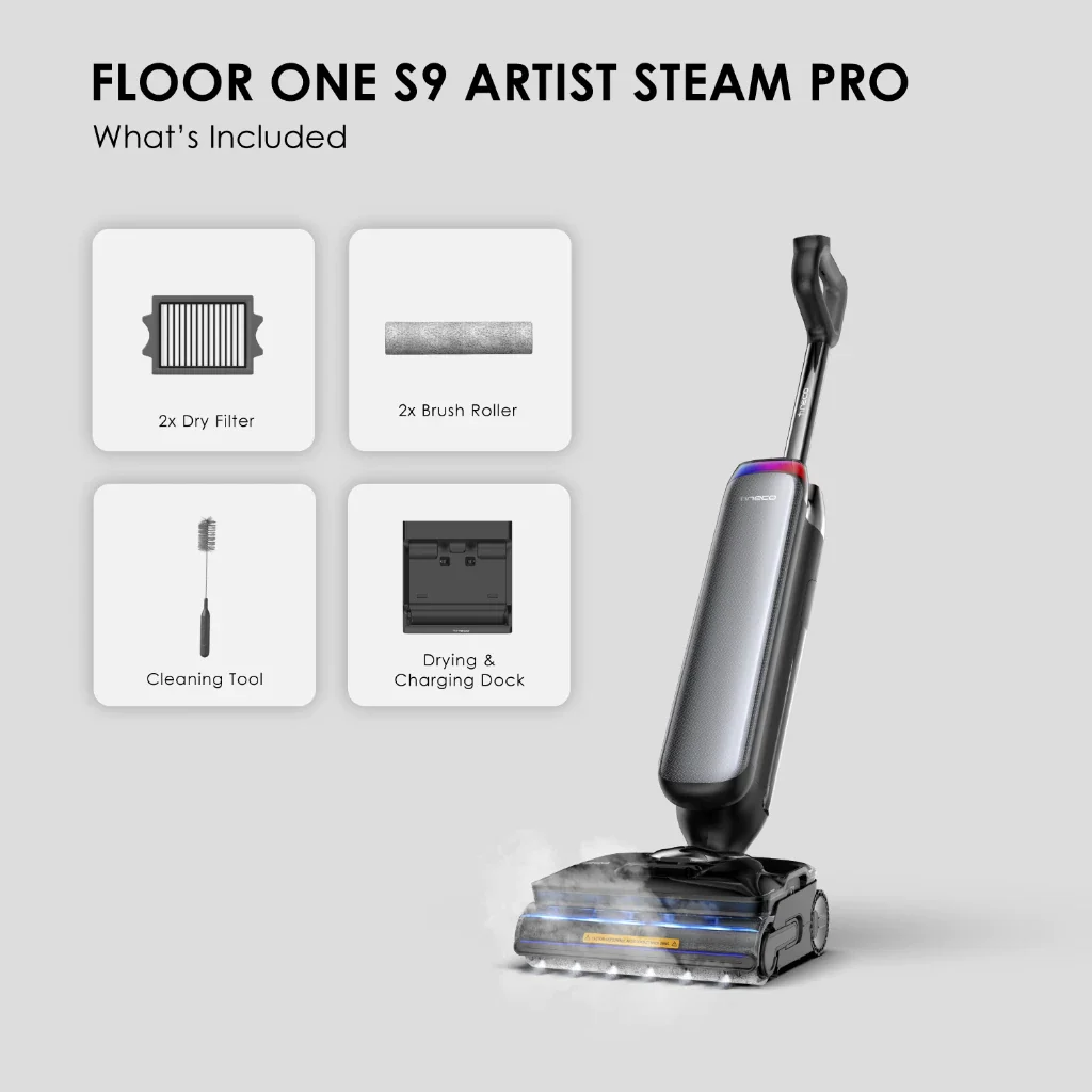 FREE 2 x Cleaning Solution - Tineco Floor One S9 Artist Steam Pro (Grey) Smart Wet & Dry Vacuum Cleaner
