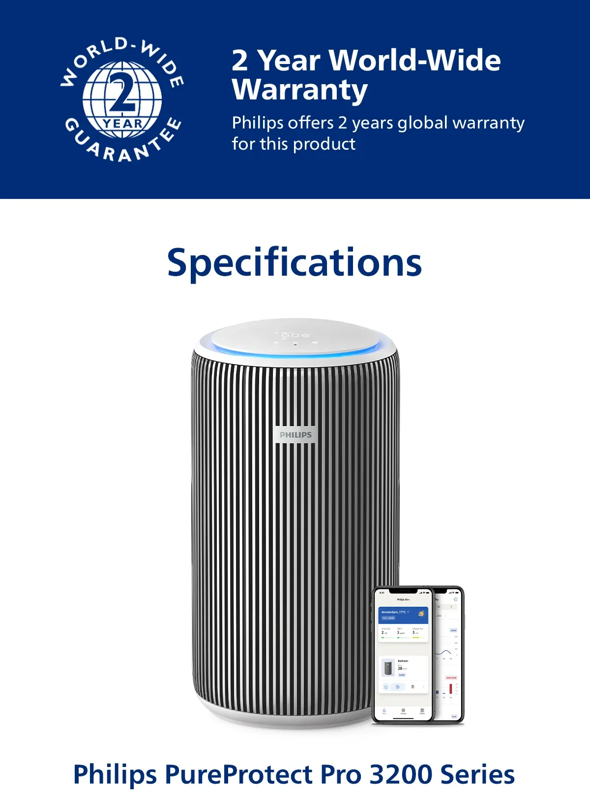 Philips AC3220/10 | AC3220 Smart Air Purifier Pro 3200 Series, HEPA, 520m³/h CADR, 135m² Coverage, Cleans up to 99.97% particles