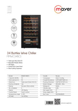 Mayer MMWC34BCS Wine Chiller Triple Glass with Anti-UV 34 Bottles