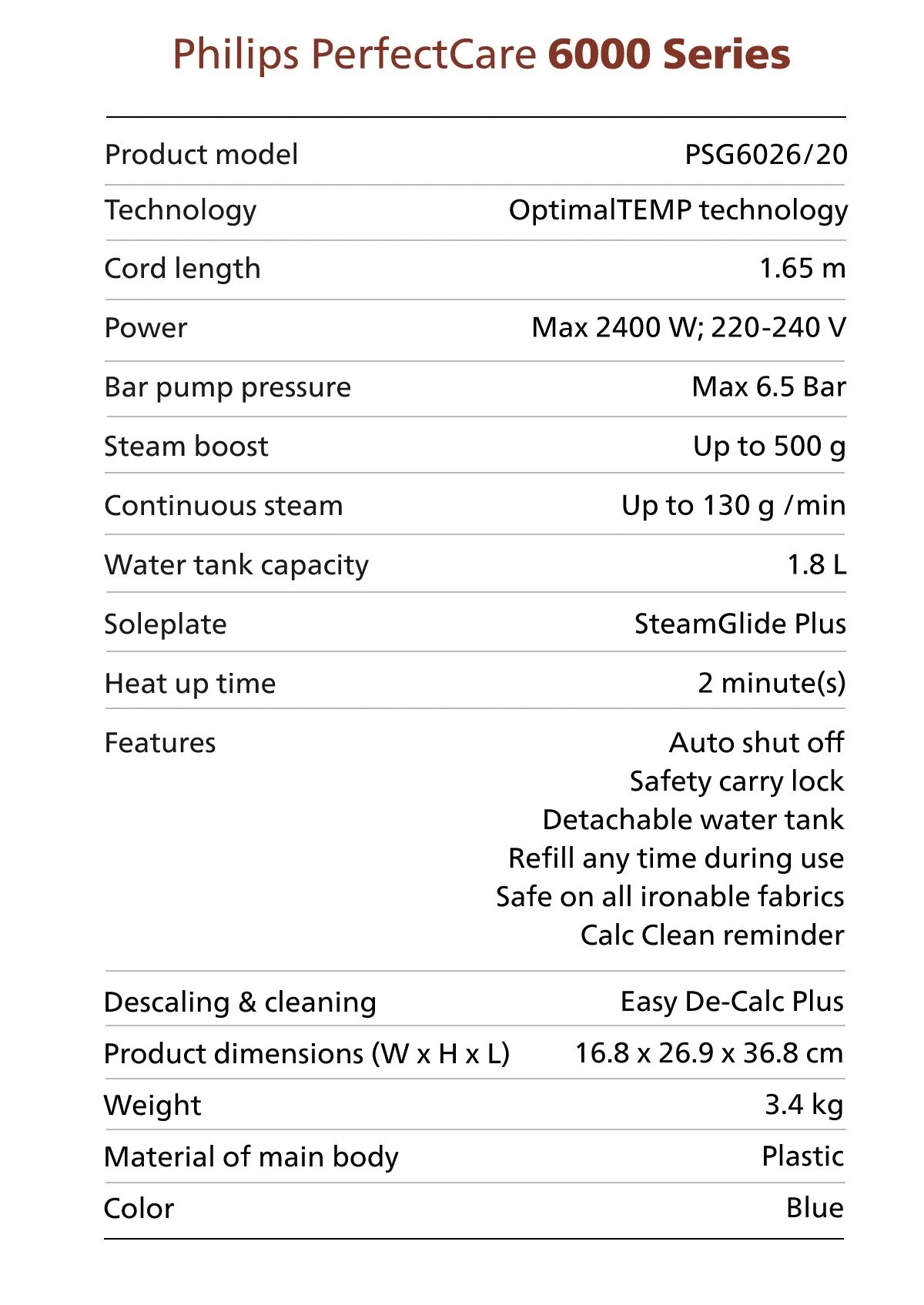 Philips PSG6026 | PSG6026/20 PerfectCare 6000 Series Steam Generator OptimalTEMP Technology