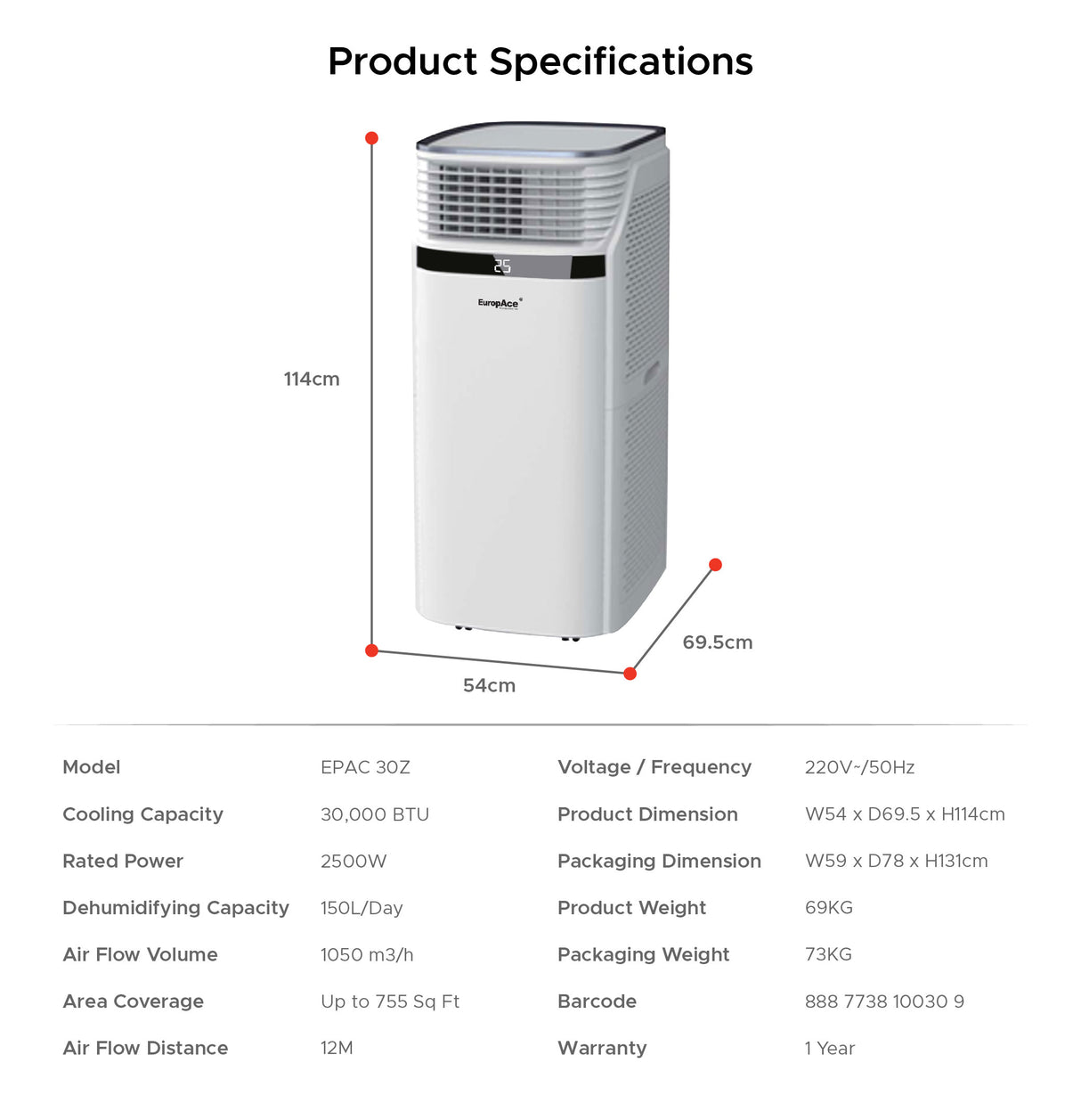 Europace EPAC 30Z | EPAC30Z Portable Air Con 30,000 BTU