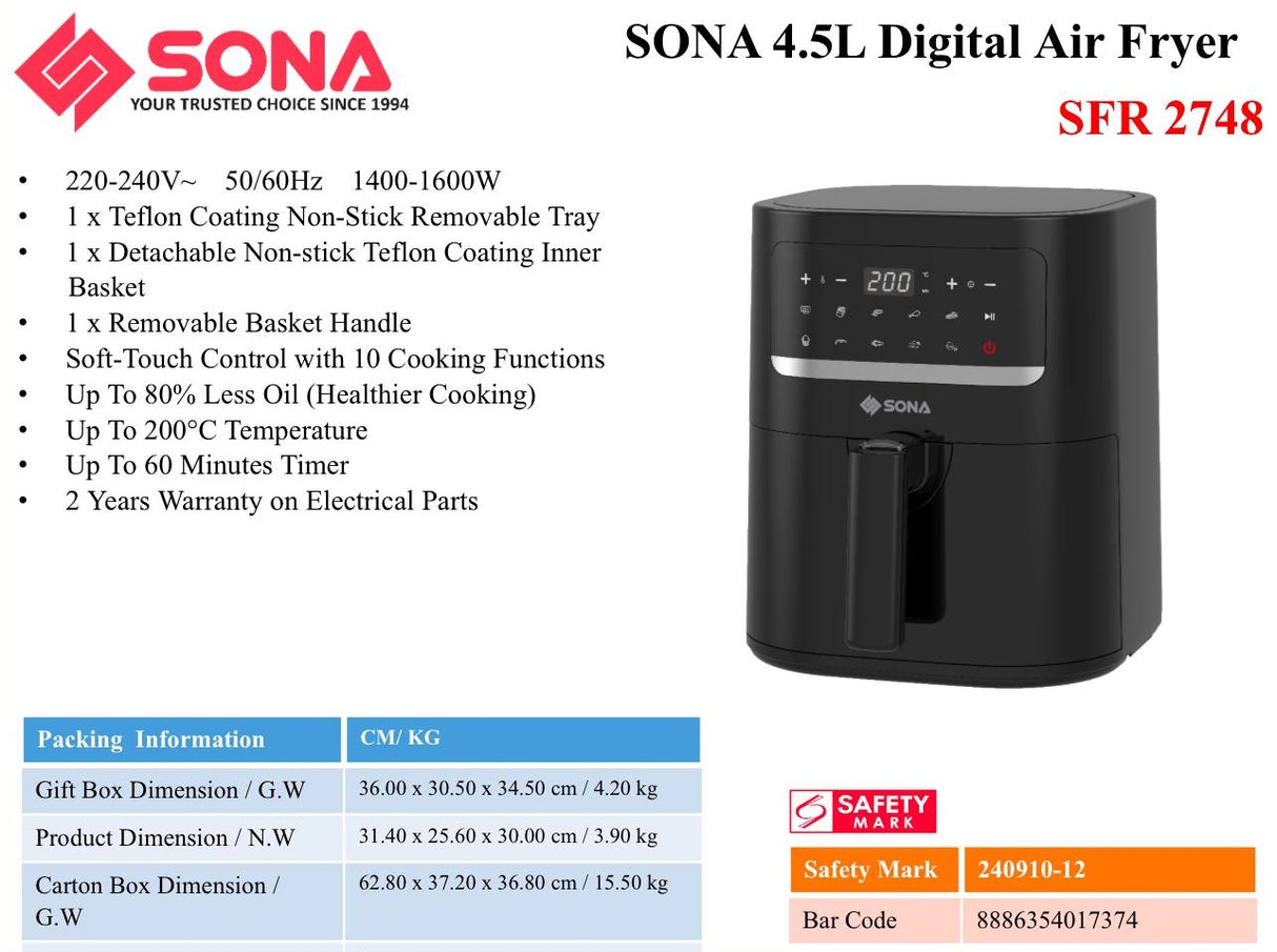 Sona SFR 2748 | SFR2748 Digital Air Fryer 4.5L