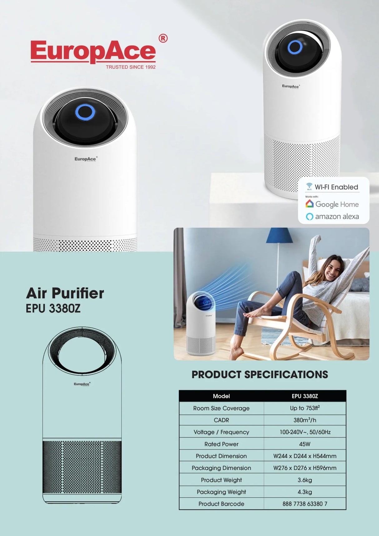 Europace EPU 3380Z | EPU3380Z HazePRO Smart Air Purifier with UV Care