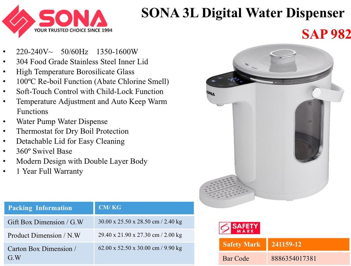 Sona SAP 982 | SAP982 Digital Water Dispenser 3L