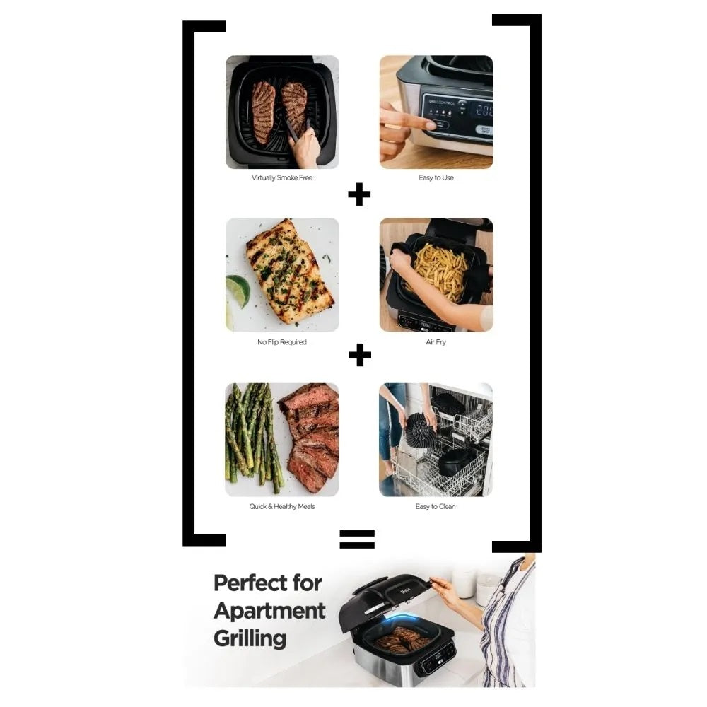 Ninja AG301 Foodi 5 in 1 Indoor Electric Grill with Air Fry, Roast, Bake & Dehydrate, Ninja Grill, Smokefree Airgrill