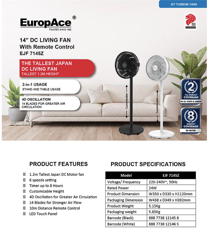 Europace EJF 7145Z DC Motor Tatami Fan with Remote Control 14 Inch