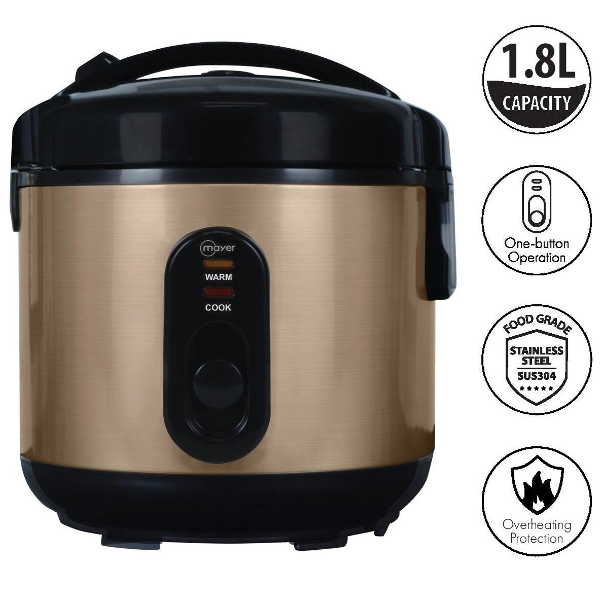 Mayer MMRCS18 Rice Cooker with Stainless Steel Pot 1.8L