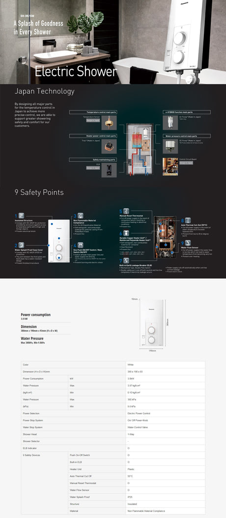 Panasonic DH-3RL1SW Electric Water Heater/ Shower Heater