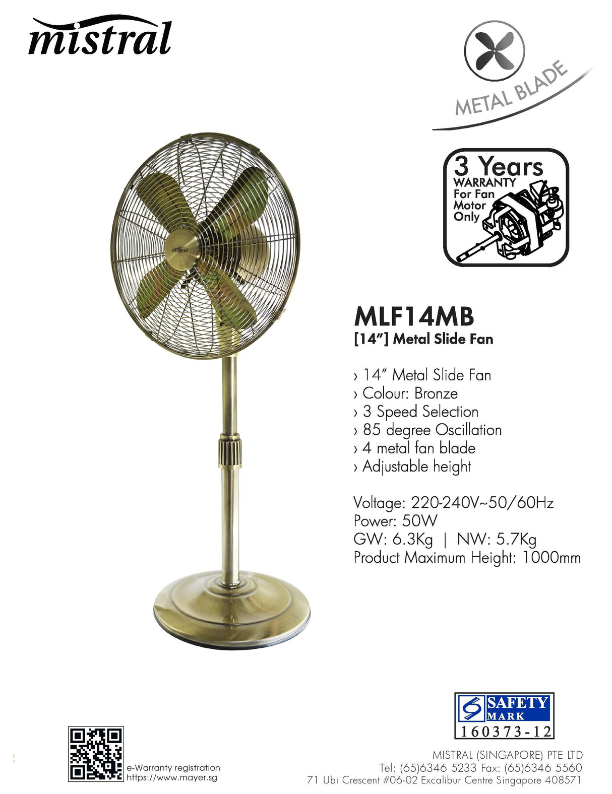 Mistral MLF14MB Metal Slide Fan 14 Inch