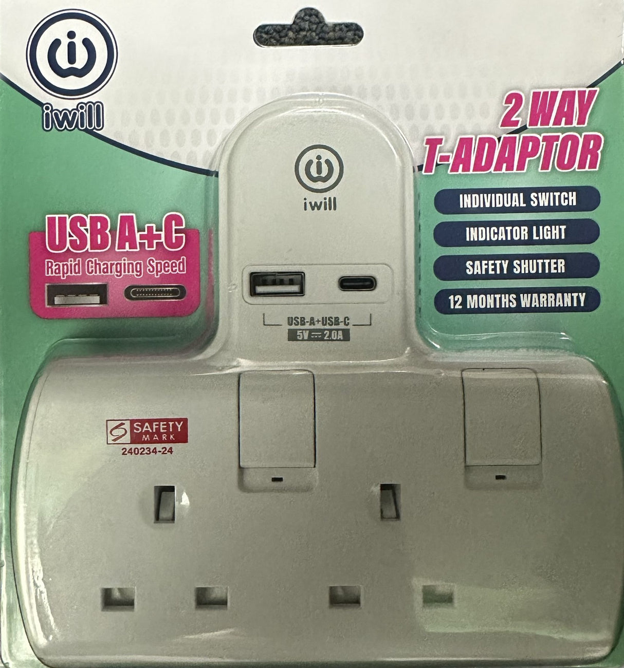 iwill IW-T802U 2 Way T-Adaptor USB A + USB C Rapid Charging Speed