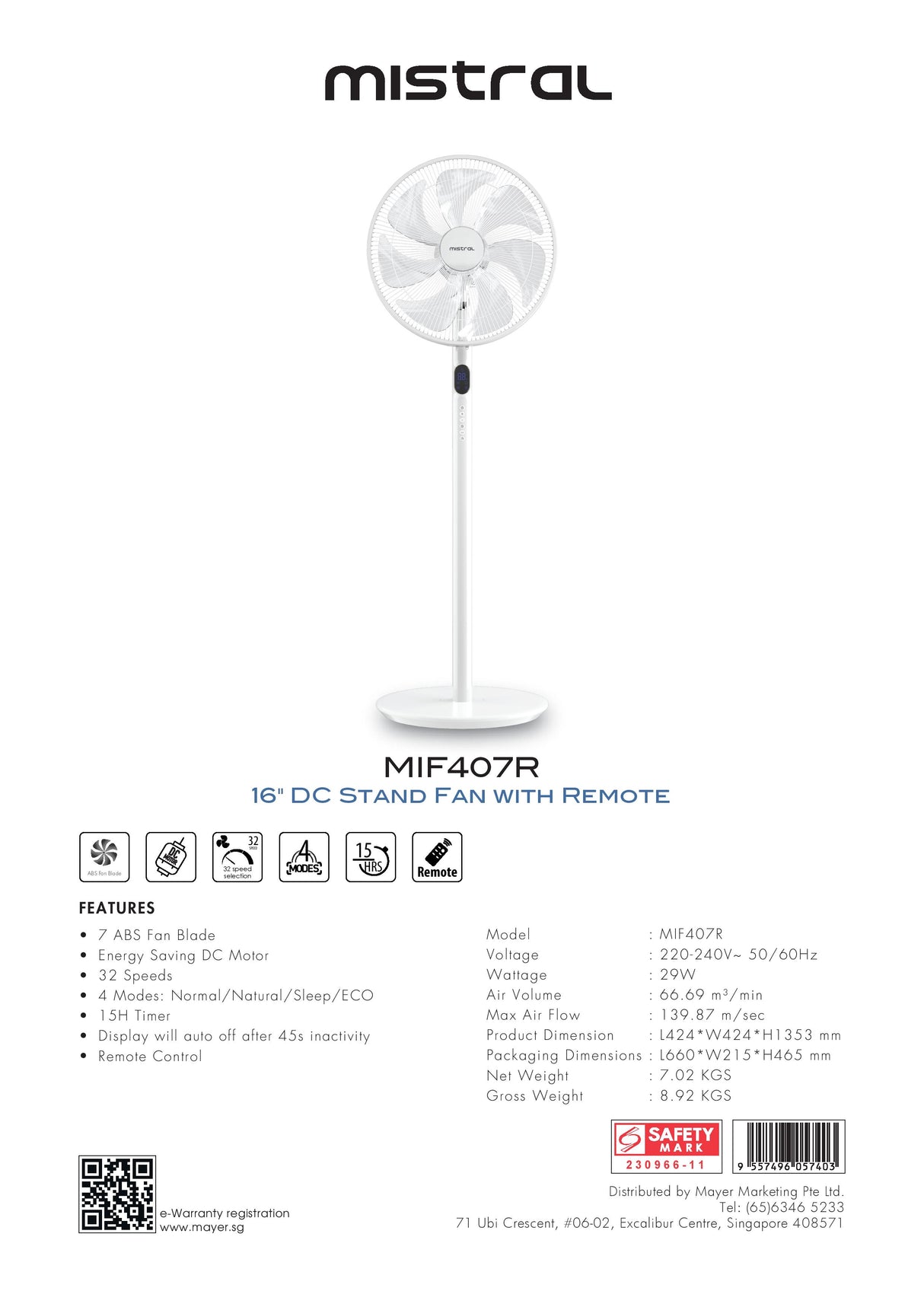 Mistral MIF407R DC Stand Fan with Remote 16 Inch