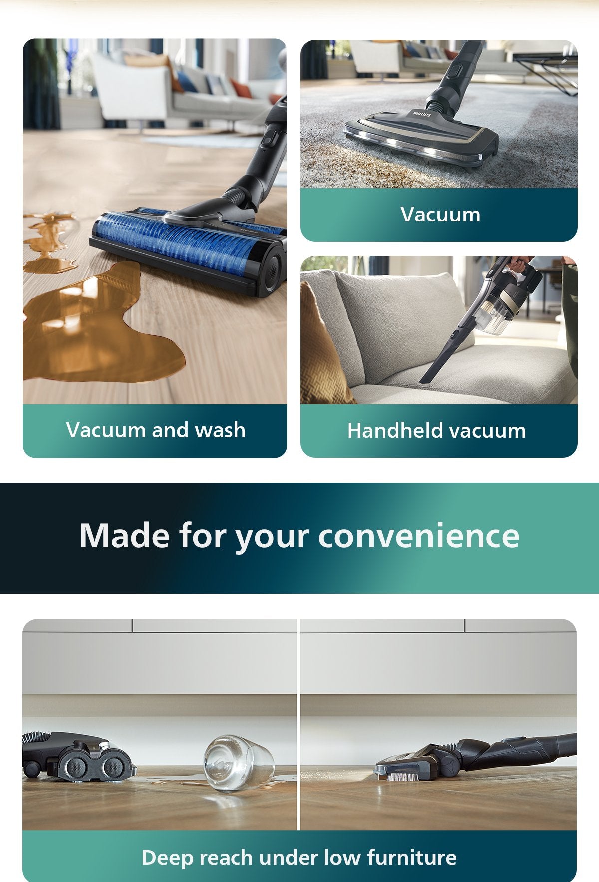 Philips XW9383/02 AquaTrio Cordless Wet & Dry 3-in-1 Vacuum & Wash 9000 Series, Self-cleaning dual power brushes