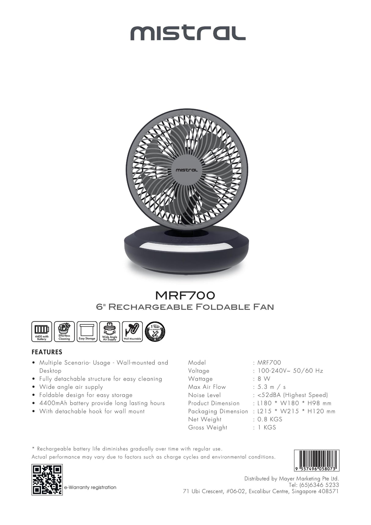 Mistral MRF700 AirZee Plus Rechargeable Foldable USB Fan with Moodlight 6 Inch
