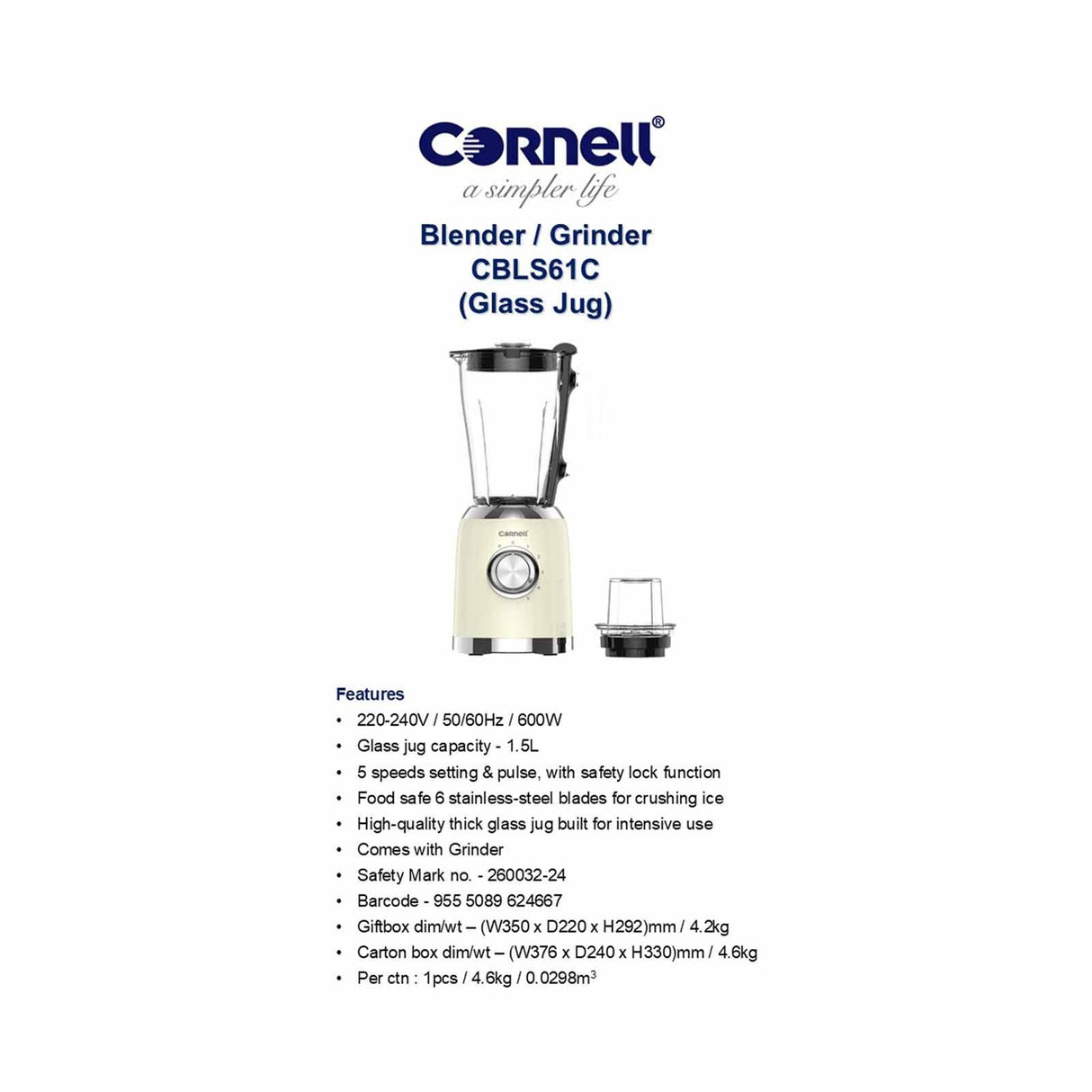 Cornell CBLS61C Blender/Grinder Glass Jug 1.5L