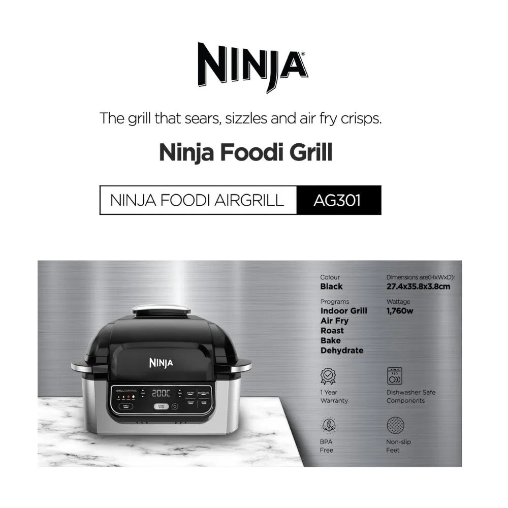 Ninja AG301 Foodi 5 in 1 Indoor Electric Grill with Air Fry, Roast, Bake & Dehydrate, Ninja Grill, Smokefree Airgrill