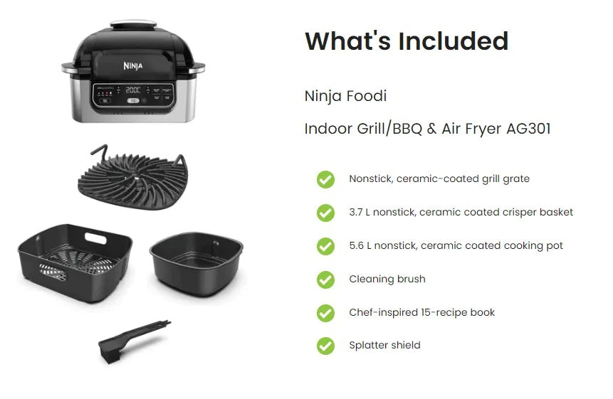 Ninja AG301 Foodi 5 in 1 Indoor Electric Grill with Air Fry, Roast, Bake & Dehydrate, Ninja Grill, Smokefree Airgrill