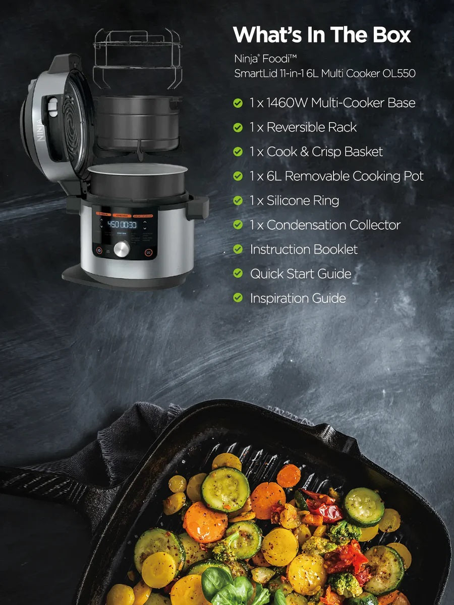 Ninja OL550 Foodi 11 in 1 SmartLid Multi cooker in one pot with 6L Capacity and Recipe Book