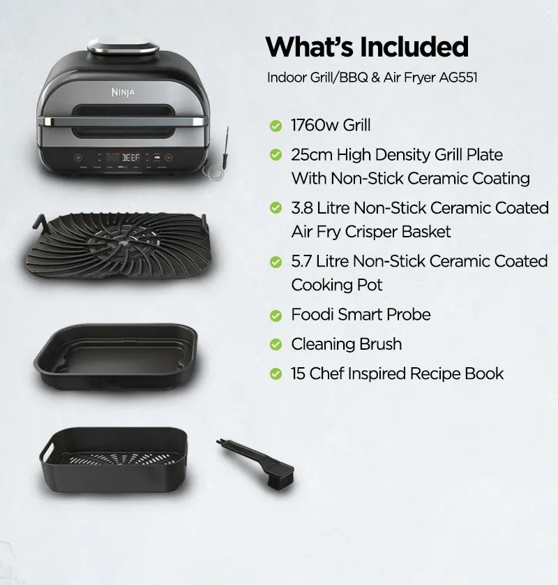 Ninja AG551 Foodi Smart XL Indoor Grill & Air Fryer with Digital Probe, Roast, Bake, Broil Dehydrate & Reheat