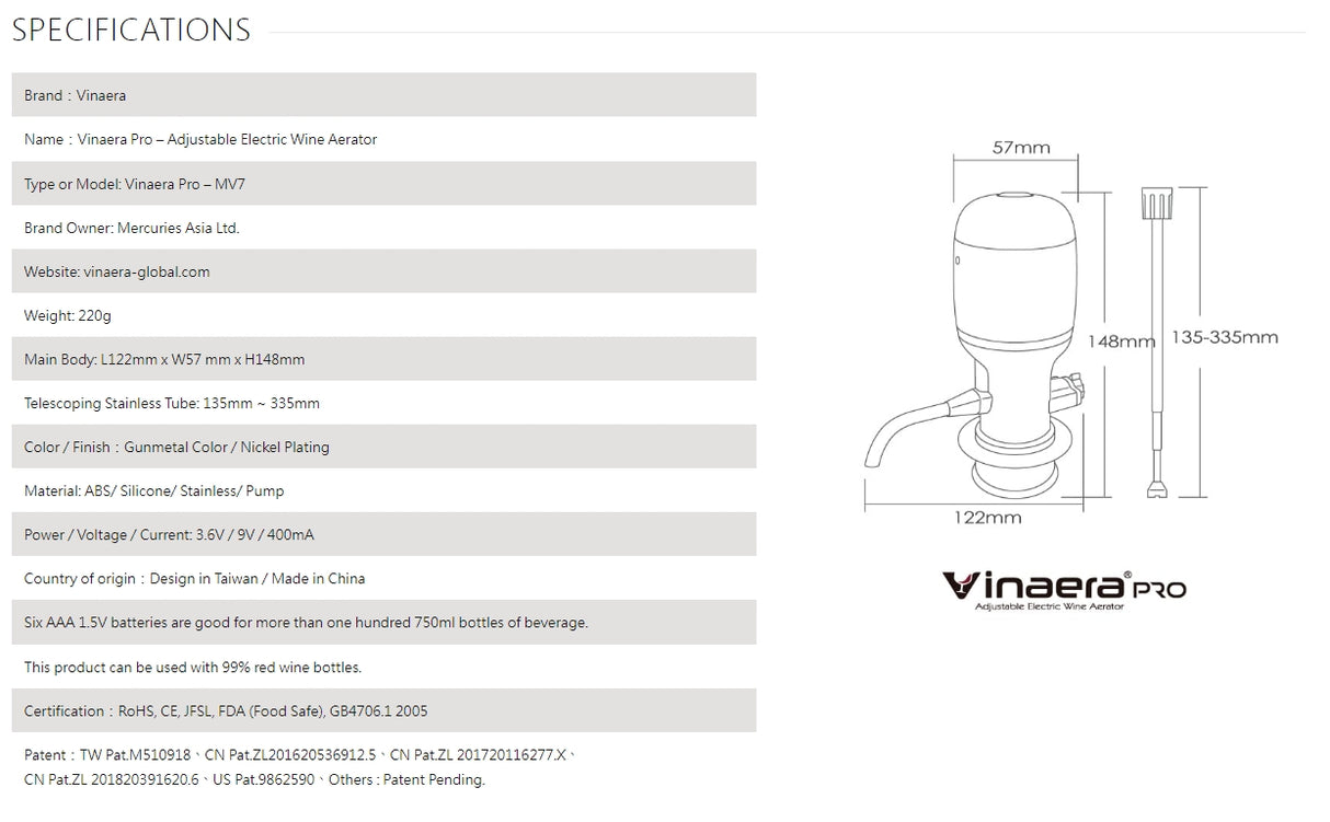 Vinaera PRO-MV7 Adjustable Electric Wine Aerator