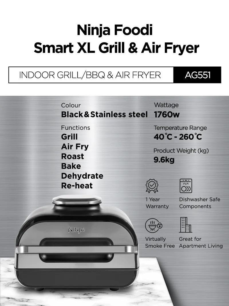 Ninja AG551 Foodi Smart XL Indoor Grill & Air Fryer with Digital Probe, Roast, Bake, Broil Dehydrate & Reheat