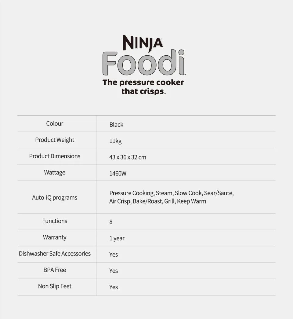 Ninja OP300 Foodi 8 in 1 Multi cooker in one pot, Pressure cooker, Broil, Dehydrate, Slow Cooker, Air Fryer, Grill, Sear/Saute, Steam & More, with 6L Capacity and Recipe Book