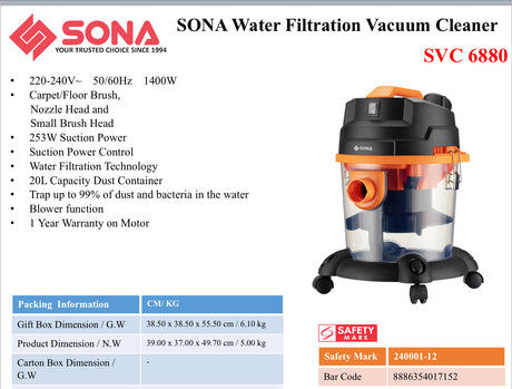 Sona SVC 6880 | SVC6880 Water Filtration Vacuum Cleaner