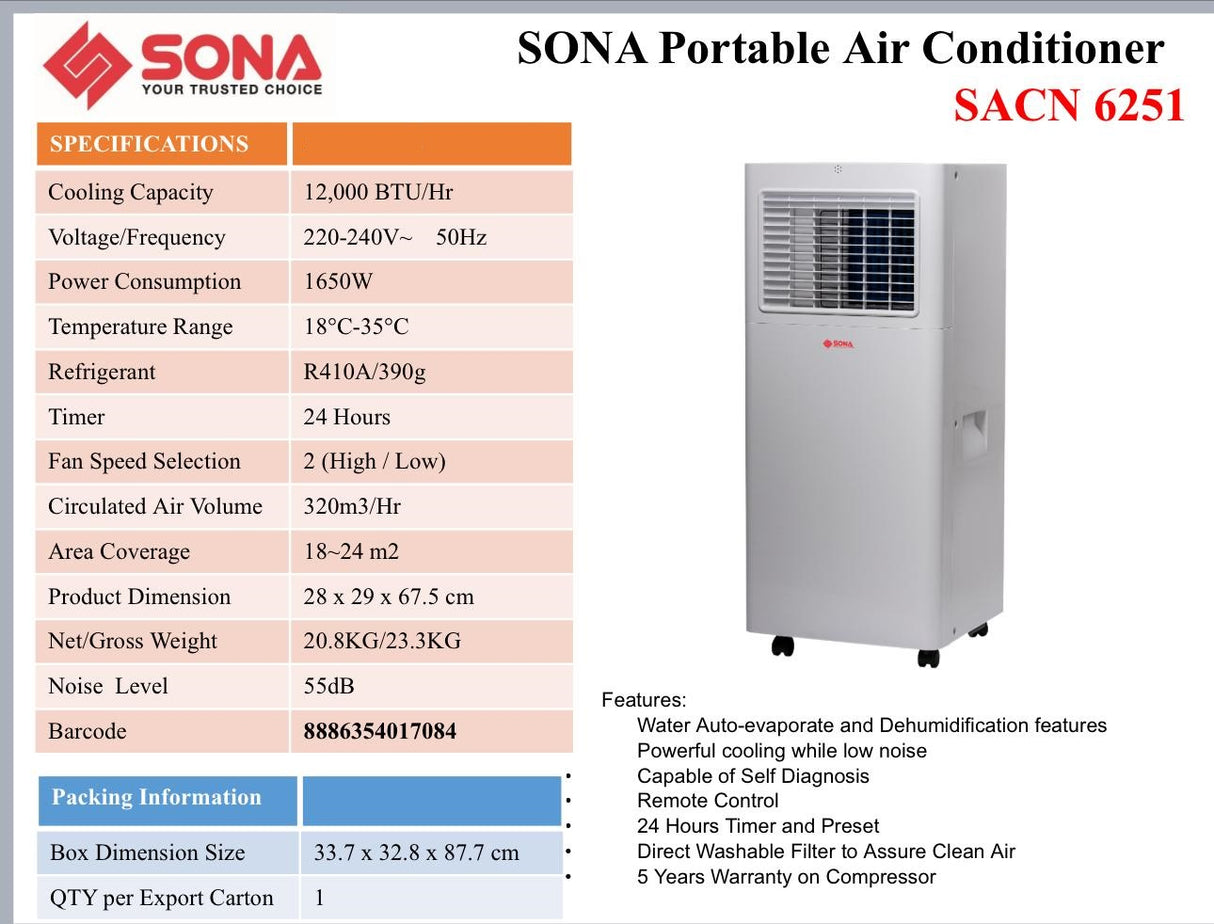 Sona SACN 6251 | SACN6251 Remote Portable Air Conditioner 12000BTU