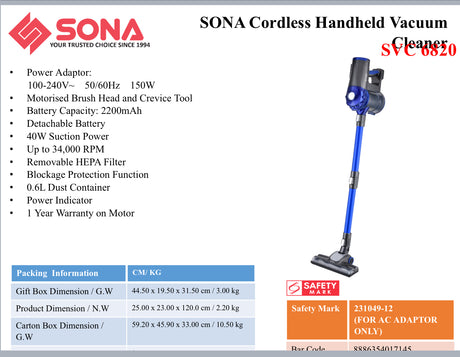 Sona SVC 6820 | SVC6820 Cordless Handheld Vacuum 150W
