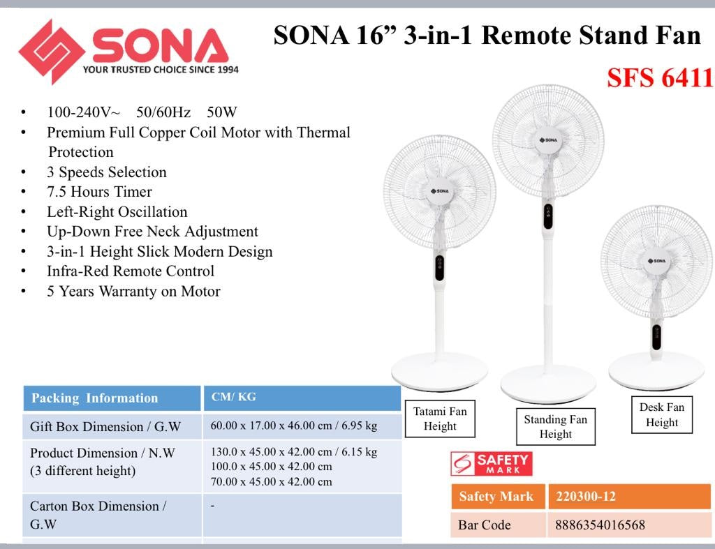 Sona SFS 6411 3-In-1 Remote Stand Fan 16 Inch