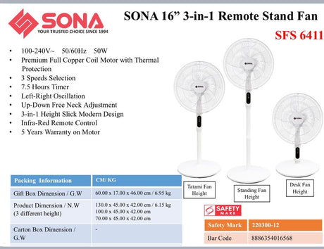 Sona SFS 6411 3-In-1 Remote Stand Fan 16 Inch