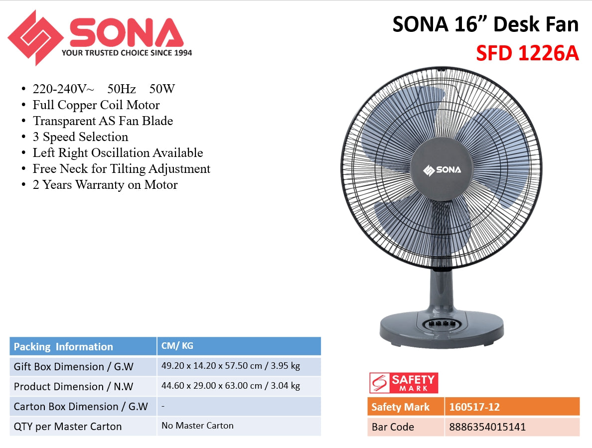 Sona SFD 1226A Desk Fan 16 Inch