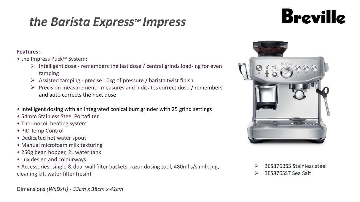 Breville BES876 the Barista Express™ Impress Coffee Machine - 3 Pin Plug with Safety Mark, 1 Year Breville Warranty