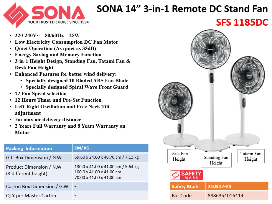 Sona SFS 1185DC 3-in-1 Remote DC Stand Fan 14 Inch