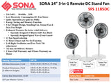 Sona SFS 1185DC 3-in-1 Remote DC Stand Fan 14 Inch