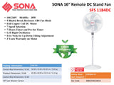 Sona SFS 1184DC Remote DC Stand Fan 16 Inch