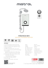 Mistral MSH103 DC Pump Instant Water Heater Rain Shower