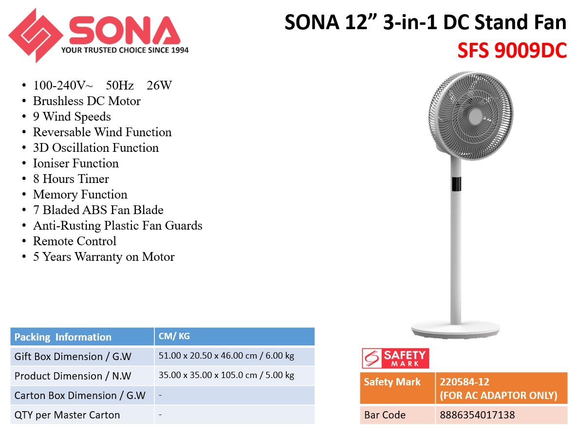 Sona SFS 9009DC | SFS9009DC 3 In 1 Remote DC Stand Fan 12 Inch