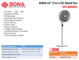 Sona SFS 9009DC | SFS9009DC 3 In 1 Remote DC Stand Fan 12 Inch