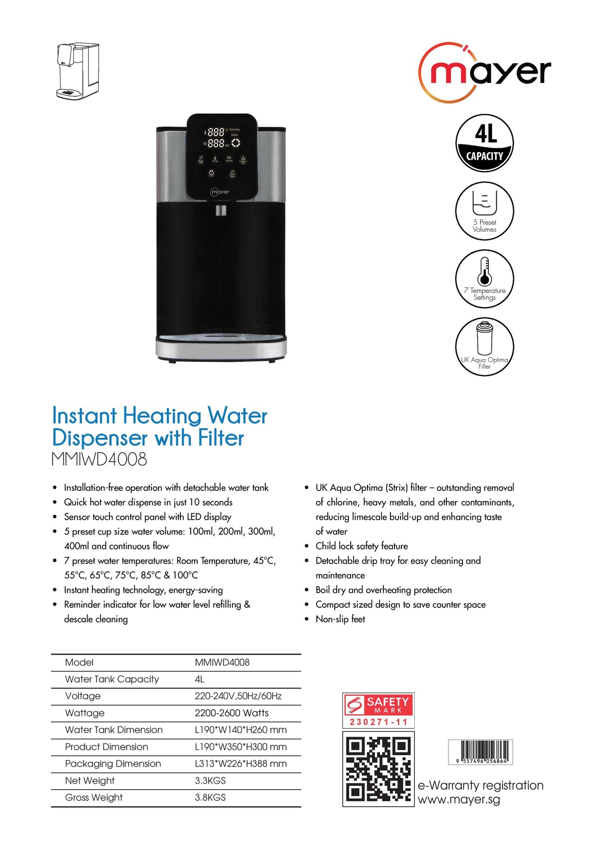 Mayer MMIWD4008 Instant Heating Water Dispenser with Filter 4L