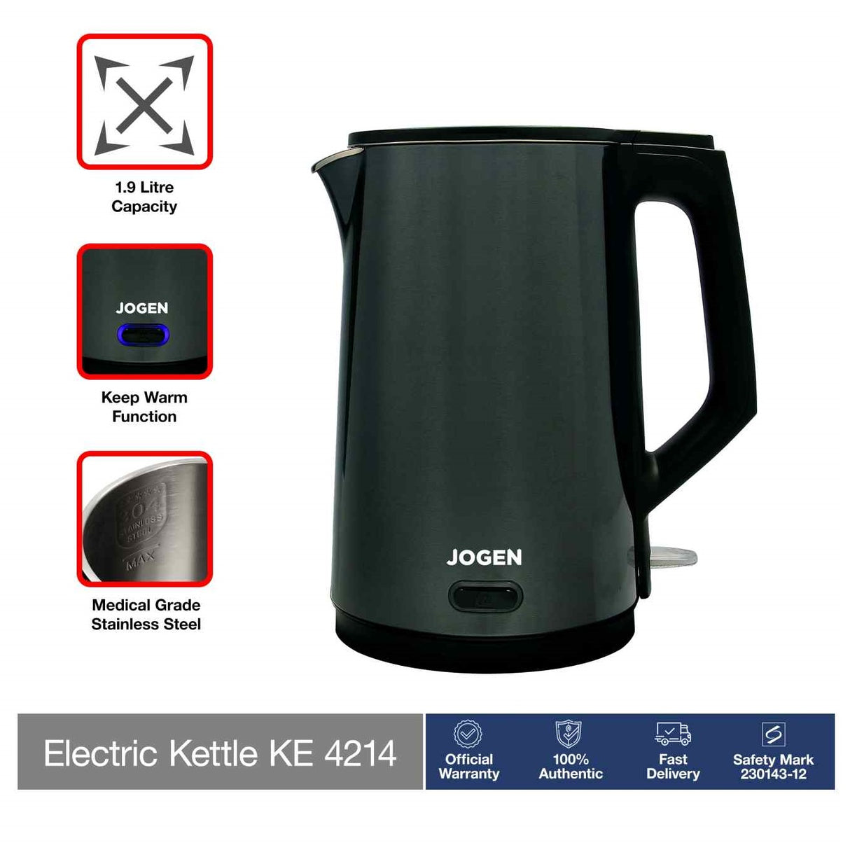 Jogen KE4214 | KE 4214 Stainless Steel Kettle 1.9L