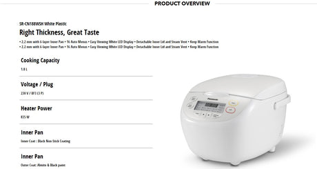 Panasonic SR-CN188WSH Rice Cooker 1.8L