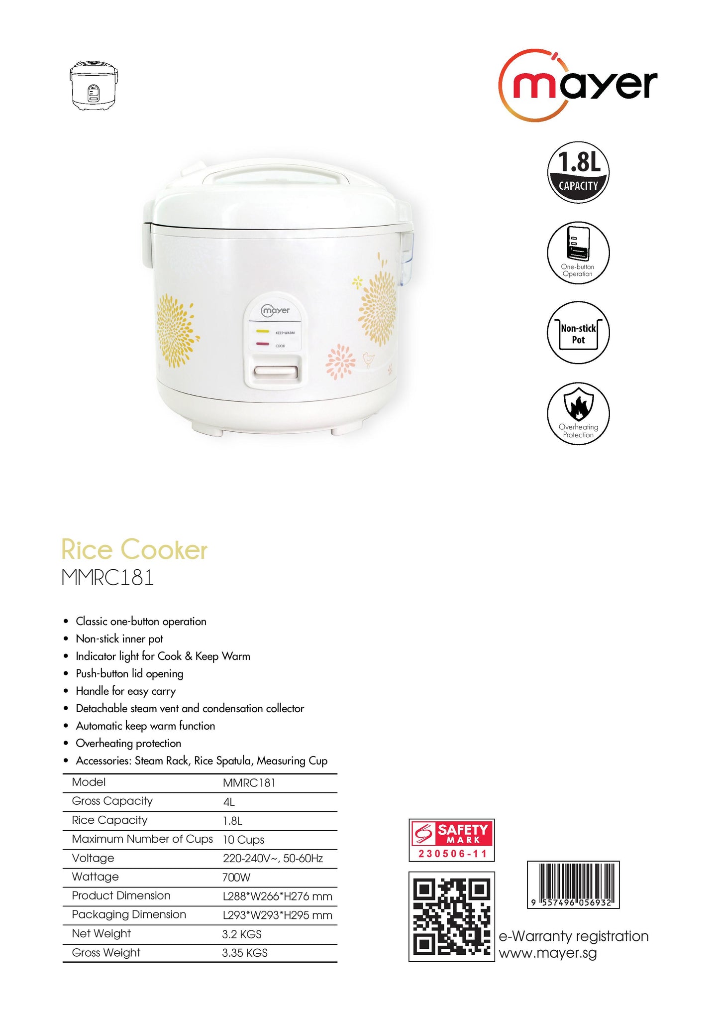 Mayer MMRC181 Rice Cooker 1.8L