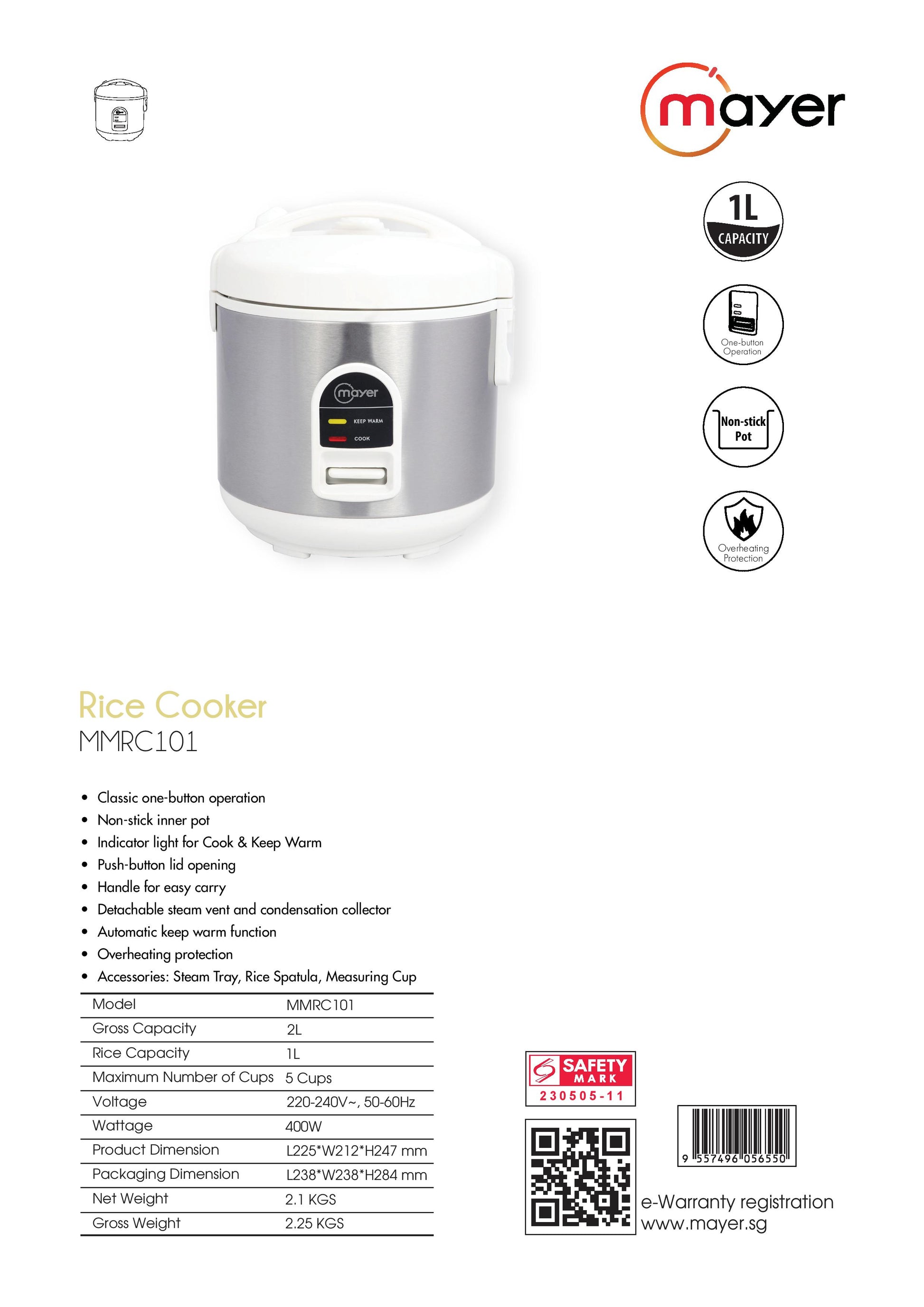 Mayer MMRC101 Rice Cooker 1L – ET SOUND ENTERPRISE PTE LTD