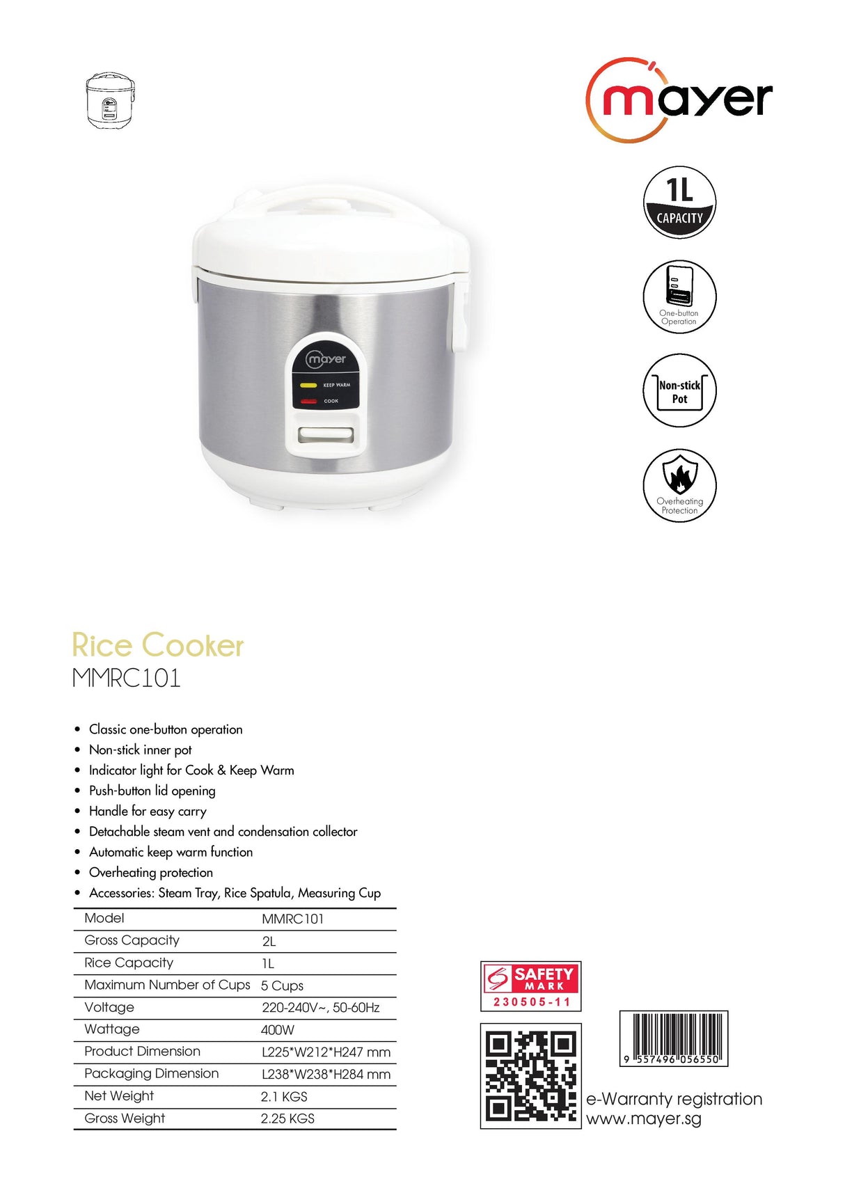 Mayer MMRC101 Rice Cooker 1L