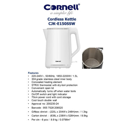 Cornell CJKE150SSW Cordless Kettle 1.5L