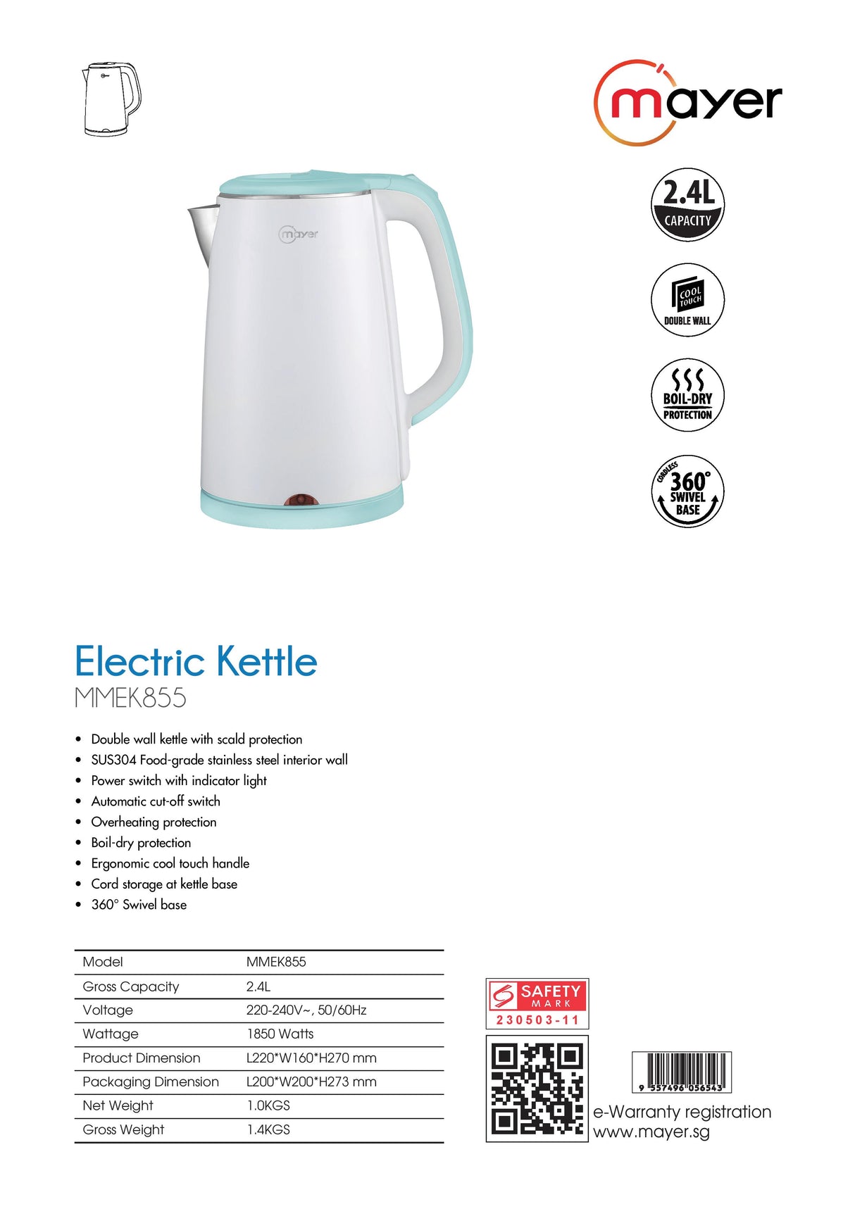 Mayer MMEK855 Double Wall Electric Kettle 2.4L