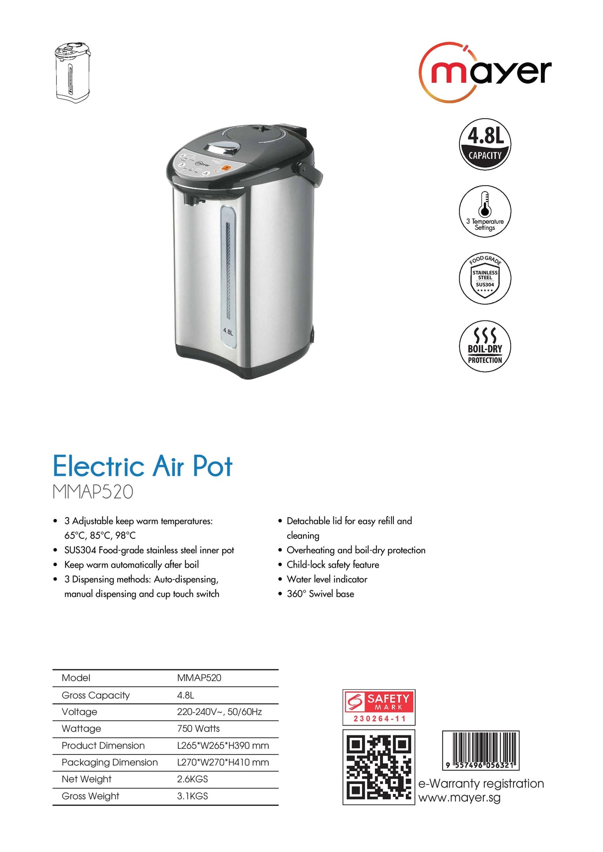 Mayer MMAP520 Electric Air Pot 4.8L