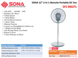 Sona SFS 9002TL | SFS9002TL Remote Portable DC Fan 12 Inch