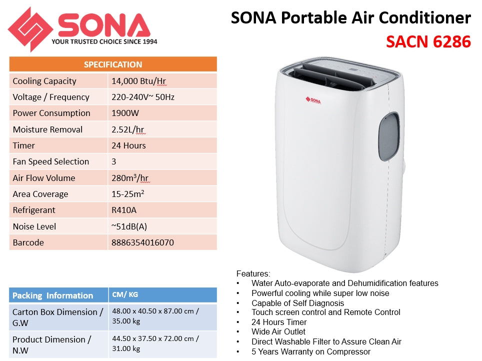 Sona SACN 6286 4 In 1 Portable Air Conditioner 14,000 BTU